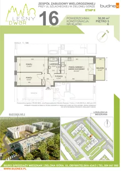 3 pokoje, mieszkanie 56,90 m², piętro 5, oferta nr 6/M16, Leśny Dwór Etap 2, Zielona Góra, Osiedle Leśny Dwór, ul. Szlachecka