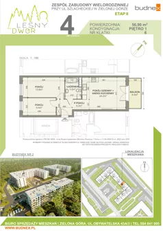 3 pokoje, mieszkanie 56,90 m², piętro 1, oferta nr 6/M4, Leśny Dwór Etap 2, Zielona Góra, Osiedle Leśny Dwór, ul. Szlachecka