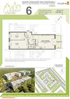3 pokoje, mieszkanie 56,90 m², piętro 1, oferta nr 6/M6, Leśny Dwór Etap 2, Zielona Góra, Osiedle Leśny Dwór, ul. Szlachecka