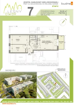 3 pokoje, mieszkanie 56,90 m², piętro 2, oferta nr 6/M7, Leśny Dwór Etap 2, Zielona Góra, Osiedle Leśny Dwór, ul. Szlachecka
