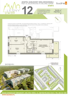 3 pokoje, mieszkanie 56,90 m², piętro 3, oferta nr 9/M12, Leśny Dwór Etap 2, Zielona Góra, Osiedle Leśny Dwór, ul. Szlachecka