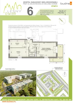 3 pokoje, mieszkanie 56,90 m², piętro 1, oferta nr 9/M6, Leśny Dwór Etap 2, Zielona Góra, Osiedle Leśny Dwór, ul. Szlachecka
