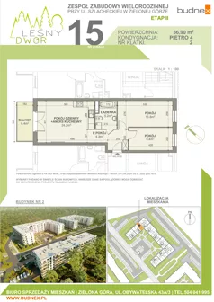 3 pokoje, mieszkanie 56,90 m², piętro 4, oferta nr 2/M15, Leśny Dwór Etap 2, Zielona Góra, Osiedle Leśny Dwór, ul. Szlachecka