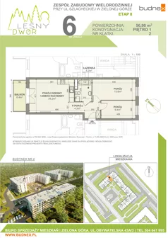 3 pokoje, mieszkanie 56,90 m², piętro 1, oferta nr 2/M6, Leśny Dwór Etap 2, Zielona Góra, Osiedle Leśny Dwór, ul. Szlachecka