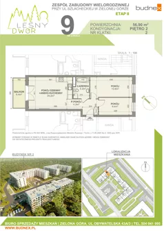 3 pokoje, mieszkanie 56,90 m², piętro 2, oferta nr 2/M9, Leśny Dwór Etap 2, Zielona Góra, Osiedle Leśny Dwór, ul. Szlachecka