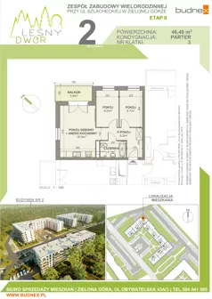 3 pokoje, mieszkanie 46,40 m², parter, oferta nr 3/M2, Leśny Dwór Etap 2, Zielona Góra, Osiedle Leśny Dwór, ul. Szlachecka