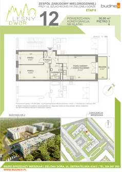 3 pokoje, mieszkanie 56,90 m², piętro 3, oferta nr 4/M12, Leśny Dwór Etap 2, Zielona Góra, Osiedle Leśny Dwór, ul. Szlachecka