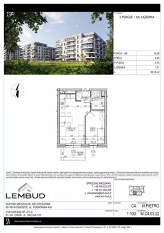 2 pokoje, mieszkanie 36,18 m², piętro 3, oferta nr M.C4.03.22, Osiedle Panorama Wiślana, Bydgoszcz, Fordon, ul. Fordońska 428