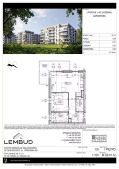 2 pokoje, mieszkanie 47,08 m², piętro 1, oferta nr C8.01.12, Osiedle Panorama Wiślana, Bydgoszcz, Fordon, ul. Fordońska 428