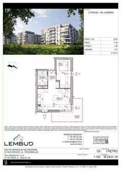 2 pokoje, mieszkanie 41,76 m², piętro 1, oferta nr C8.01.18, Osiedle Panorama Wiślana, Bydgoszcz, Fordon, ul. Fordońska 428