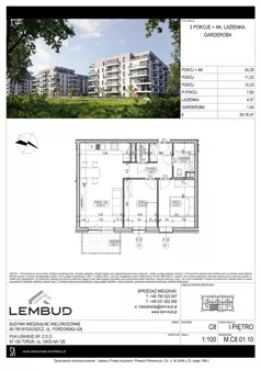 3 pokoje, mieszkanie 59,16 m², piętro 1, oferta nr C8.01.10, Osiedle Panorama Wiślana, Bydgoszcz, Fordon, ul. Fordońska 428