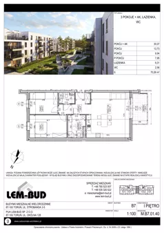3 pokoje, mieszkanie 70,26 m², piętro 1, oferta nr M.B7.01.40, Osiedle Harmonia, Toruń, Wrzosy, JAR, ul. Strobanda 3-5
