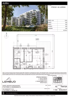 3 pokoje, mieszkanie 47,00 m², parter, oferta nr A2.00.01, Osiedle Aura, Toruń, Jakubskie Przedmieście, ul. Żółkiewskiego 35