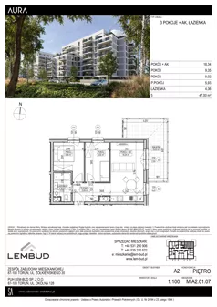 3 pokoje, mieszkanie 47,00 m², piętro 1, oferta nr A2.01.07, Osiedle Aura, Toruń, Jakubskie Przedmieście, ul. Żółkiewskiego 35
