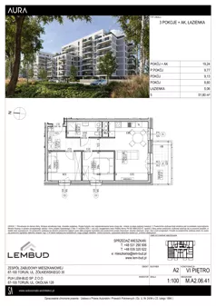 3 pokoje, mieszkanie 51,80 m², piętro 6, oferta nr A2.06.41, Osiedle Aura, Toruń, Jakubskie Przedmieście, ul. Żółkiewskiego 35