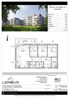 4 pokoje, mieszkanie 77,52 m², piętro 5, oferta nr M.C4.05.36, Osiedle Panorama Wiślana, Bydgoszcz, Fordon, ul. Fordońska 428