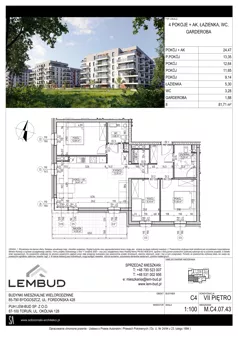 4 pokoje, mieszkanie 81,71 m², piętro 7, oferta nr M.C4.07.43, Osiedle Panorama Wiślana, Bydgoszcz, Fordon, ul. Fordońska 428