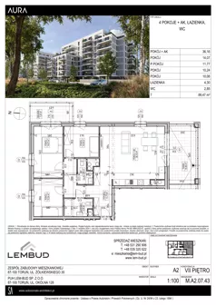 4 pokoje, mieszkanie 89,47 m², piętro 7, oferta nr A2.07.43, Osiedle Aura, Toruń, Jakubskie Przedmieście, ul. Żółkiewskiego 35