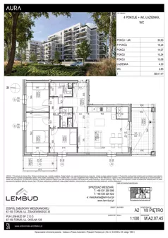 4 pokoje, mieszkanie 88,41 m², piętro 7, oferta nr A2.07.45, Osiedle Aura, Toruń, Jakubskie Przedmieście, ul. Żółkiewskiego 35