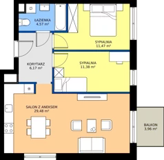 3 pokoje, mieszkanie 63,07 m², piętro 1, oferta nr M.01.02, Casa Feliz Portowa II, Kraków, Podgórze, Zabłocie, ul. Portowa 14