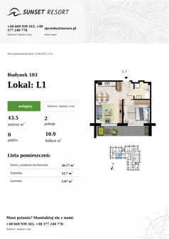 2 pokoje, apartament 43,50 m², parter, oferta nr 103-L1, Sunset Resort, Grzybowo, ul. Nadmorska 106