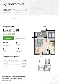2 pokoje, apartament 48,35 m², piętro 1, oferta nr L 18, Sunset Resort bud 302, Grzybowo, ul. Nadmorska 106