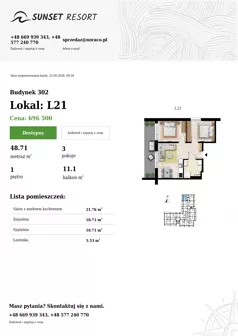 3 pokoje, apartament 48,71 m², piętro 1, oferta nr L 21, Sunset Resort bud 302, Grzybowo, ul. Nadmorska 106