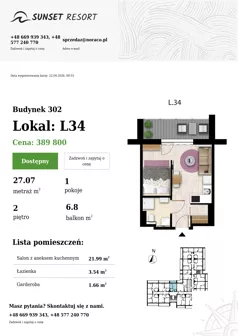 1 pokój, apartament 27,07 m², piętro 2, oferta nr L 34, Sunset Resort bud 302, Grzybowo, ul. Nadmorska 106