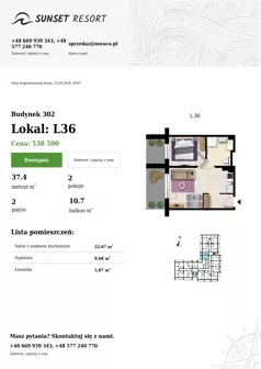 2 pokoje, apartament 37,40 m², piętro 2, oferta nr L 36, Sunset Resort bud 302, Grzybowo, ul. Nadmorska 106