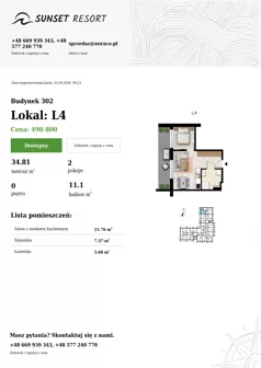 2 pokoje, apartament 34,81 m², parter, oferta nr L 4, Sunset Resort bud 302, Grzybowo, ul. Nadmorska 106