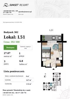 1 pokój, apartament 27,07 m², piętro 3, oferta nr L 51, Sunset Resort bud 302, Grzybowo, ul. Nadmorska 106