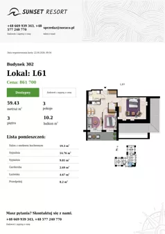 3 pokoje, apartament 59,43 m², piętro 3, oferta nr L 61, Sunset Resort bud 302, Grzybowo, ul. Nadmorska 106
