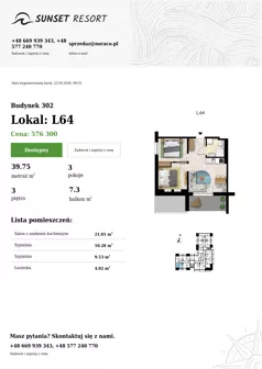 3 pokoje, apartament 39,75 m², piętro 3, oferta nr L 64, Sunset Resort bud 302, Grzybowo, ul. Nadmorska 106