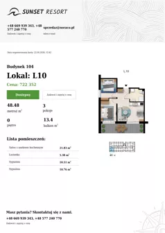3 pokoje, apartament 48,48 m², parter, oferta nr 104-L10, Sunset Resort, Grzybowo, ul. Nadmorska 106
