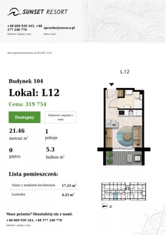 1 pokój, apartament 21,46 m², parter, oferta nr 104-L12, Sunset Resort, Grzybowo, ul. Nadmorska 106