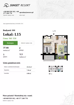 2 pokoje, apartament 37,66 m², piętro 1, oferta nr 104-L15, Sunset Resort, Grzybowo, ul. Nadmorska 106