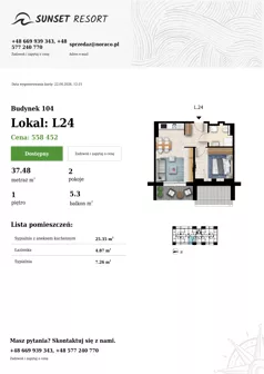 2 pokoje, apartament 37,48 m², piętro 1, oferta nr 104-L24, Sunset Resort, Grzybowo, ul. Nadmorska 106