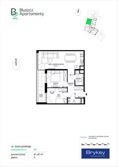 3 pokoje, mieszkanie 61,42 m², piętro 5, oferta nr 56, Bluszcz Apartamenty II, Kraków, Podgórze,  ul. Goszczyńskiego