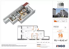 2 pokoje, mieszkanie 45,42 m², piętro 3, oferta nr 16, Osiedle Bulwar - budynek 4, Bartąg, ul. Bartąska