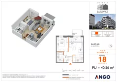 2 pokoje, mieszkanie 40,56 m², piętro 3, oferta nr 18, Osiedle Bulwar - budynek 4, Bartąg, ul. Bartąska