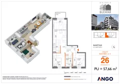 3 pokoje, mieszkanie 57,66 m², piętro 1, oferta nr 26, Osiedle Bulwar - budynek 4, Bartąg, ul. Bartąska