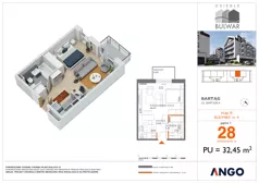 1 pokój, mieszkanie 32,45 m², piętro 1, oferta nr 28, Osiedle Bulwar - budynek 4, Bartąg, ul. Bartąska