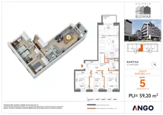 4 pokoje, mieszkanie 59,21 m², parter, oferta nr 5, Osiedle Bulwar - budynek 4, Bartąg, ul. Bartąska