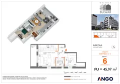 2 pokoje, mieszkanie 45,97 m², piętro 1, oferta nr 6, Osiedle Bulwar - budynek 4, Bartąg, ul. Bartąska
