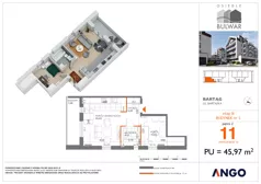 2 pokoje, mieszkanie 45,97 m², piętro 2, oferta nr 11, Osiedle Bulwar - budynek 5, Bartąg, ul. Bartąska