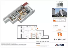 2 pokoje, mieszkanie 45,42 m², piętro 3, oferta nr 16, Osiedle Bulwar - budynek 5, Bartąg, ul. Bartąska