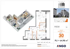 3 pokoje, mieszkanie 66,26 m², piętro 1, oferta nr 30, Osiedle Bulwar - budynek 5, Bartąg, ul. Bartąska