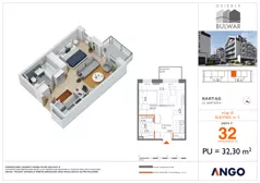 1 pokój, mieszkanie 32,30 m², piętro 2, oferta nr 32, Osiedle Bulwar - budynek 5, Bartąg, ul. Bartąska