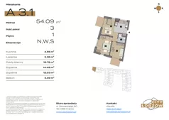 3 pokoje, mieszkanie 54,38 m², piętro 1, oferta nr A 3.1, City Łobzów, Kraków, Bronowice, Łobzów, ul. Głowackiego 60