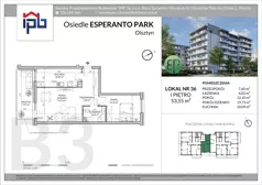 2 pokoje, mieszkanie 53,55 m², piętro 1, oferta nr B3-36, Esperanto Park Budynek B3, Olsztyn, Podleśna, ul. Ludwika Zamenhofa 16d